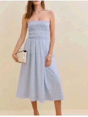 Reformation Blue and White Gingham Smocked Dress